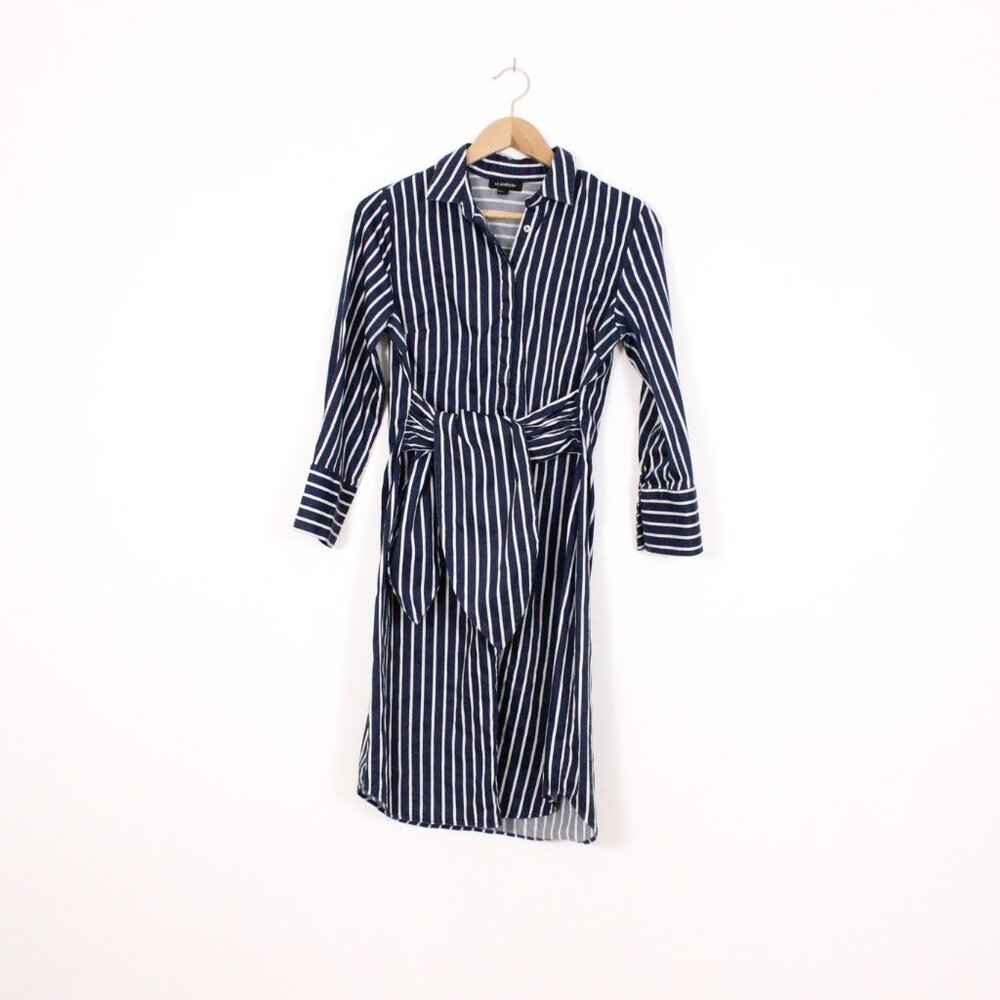 Le Chateau Blue and White Striped Button Up Long Sleeve Dress